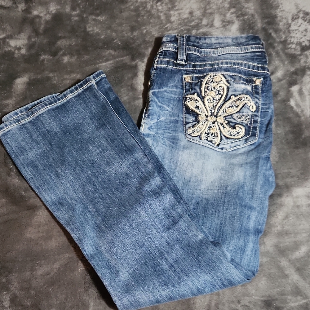 Miss Me Blue Jeans with Cream Embroidery